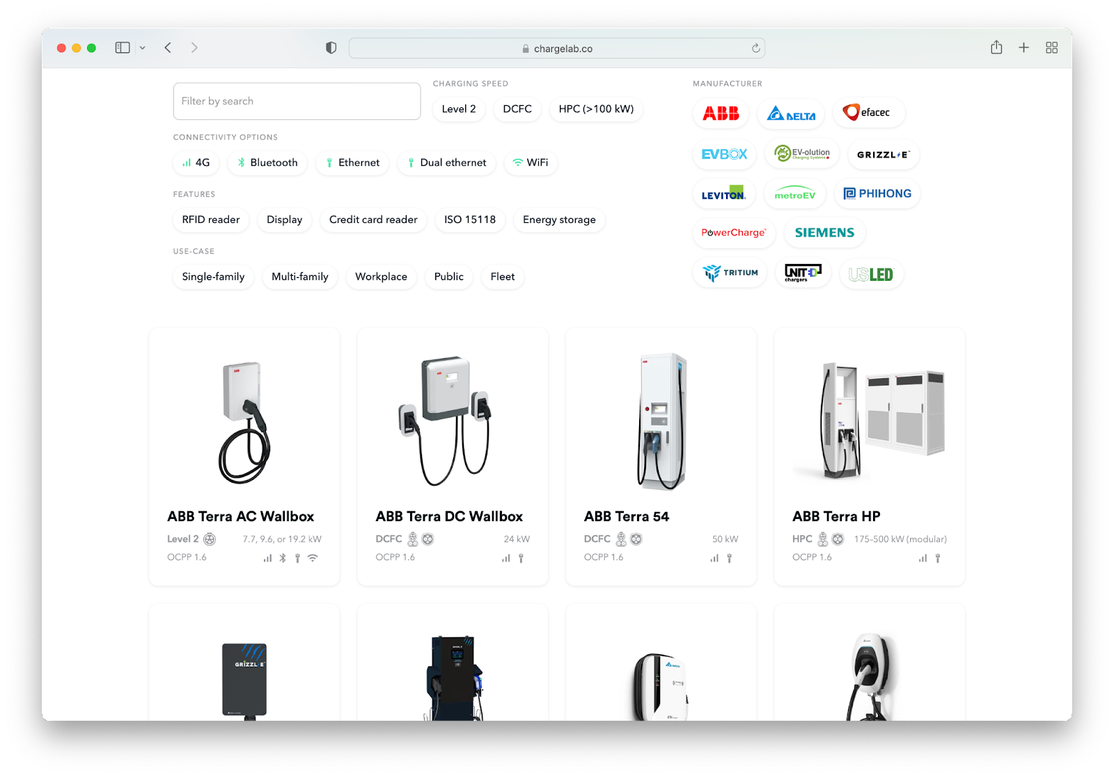 A screenshot of ChargeLab's EV charger explorer tool.